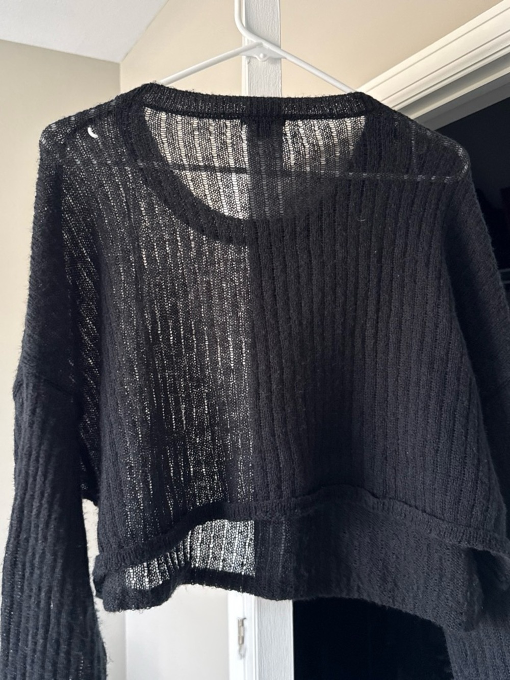 wild fable Black Sheer Ribbed Cropped Crewneck Sweater